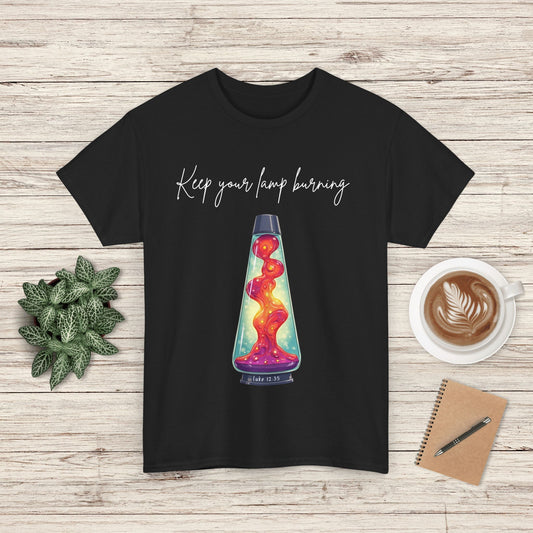 Retro Lava Lamp Luke 12:35 Tee - Keep Your Lamp Burning, Unisex Cotton Shirt, Vintage Style Gift, Unique Tee for Friends, Fun Summer Wear, Ideal for