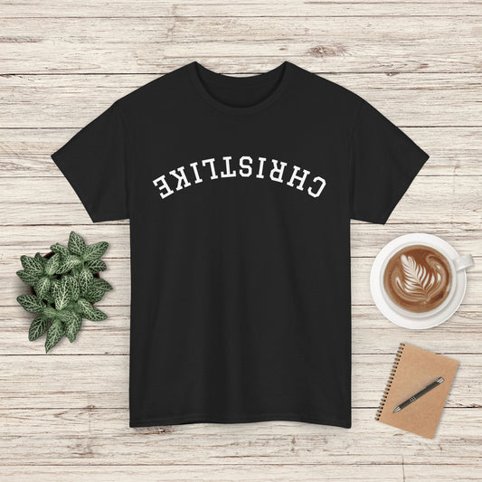 Christlike Upside-Down Writing Tee, Unisex Heavy Cotton Shirt, Faith-Based Apparel, Inspirational Gift, Perfect for Church Events, Christian Love Tee