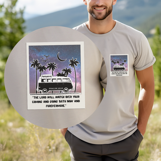 Retro Van Graphic Psalm 121:8 Tee, Vintage Style T-Shirt, Unisex Cotton Top, 80s Aesthetic Shirt, Casual Wear for Summer
