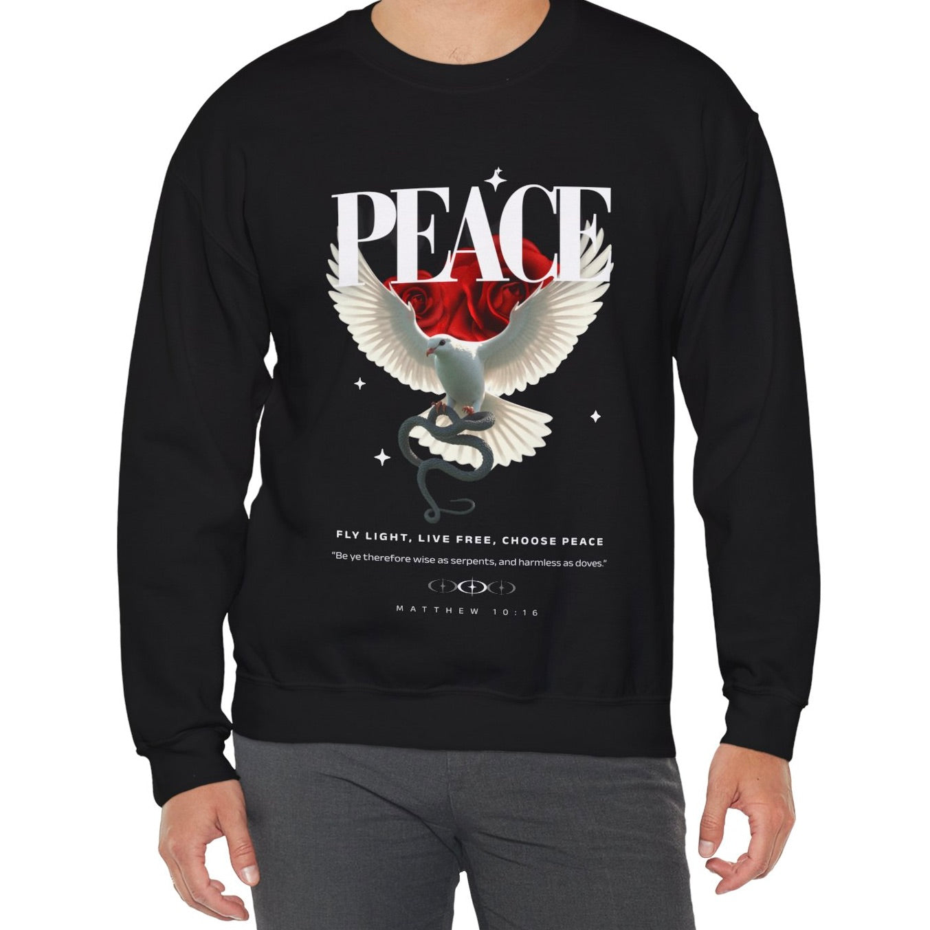 Peace Matthew 10:16 | "Be ye therefore wise as serpents, and harmless as doves." Crewneck Sweatshirt