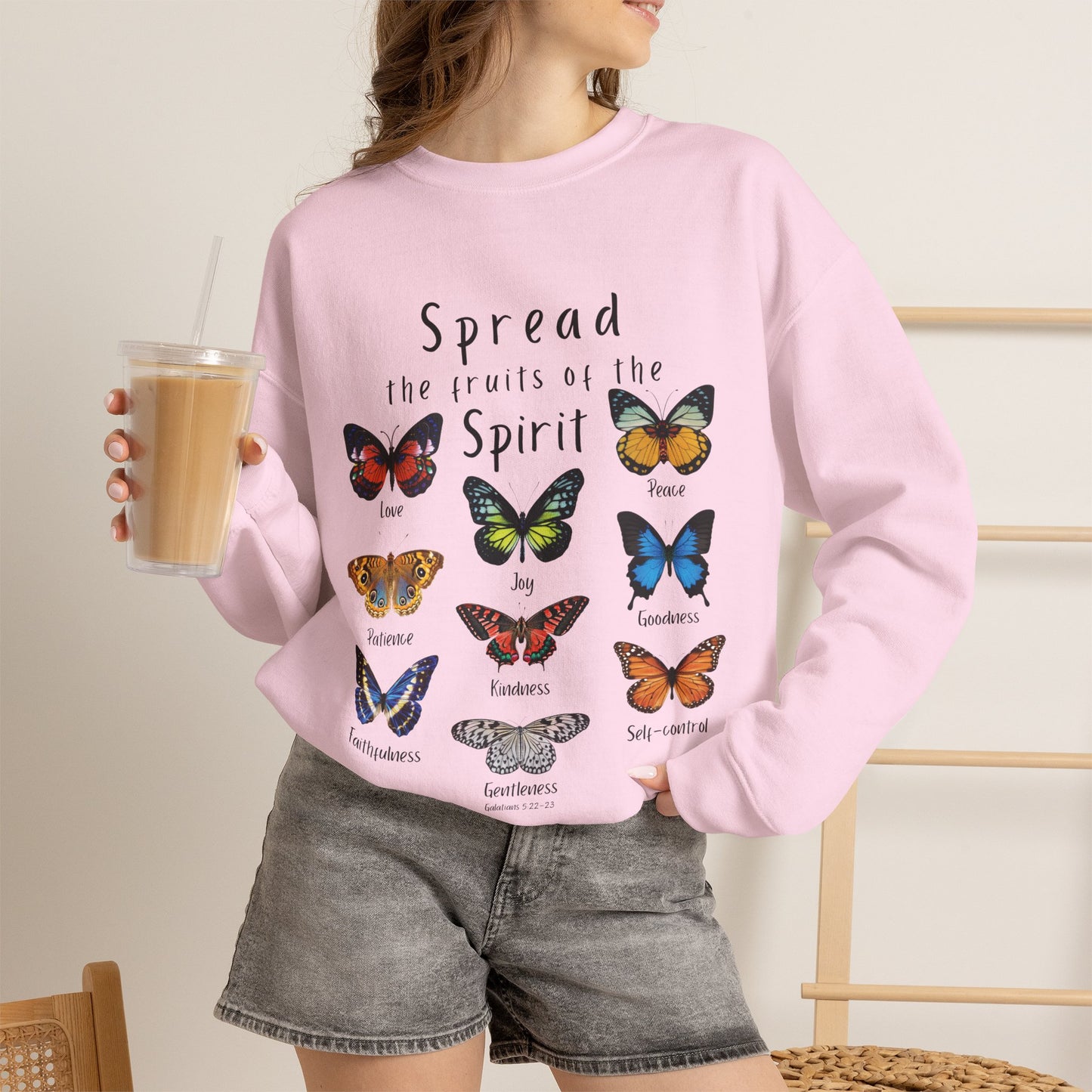 Spread the Fruits of the Spirit Sweatshirt Galatians 5:22-23— Christian Butterfly Faith Crewneck